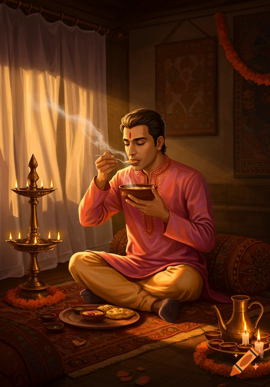 A man in a pink kurta sits cross-legged on a rug, eating steaming soup with a spoon, surrounded by traditional Indian lamps and decor.