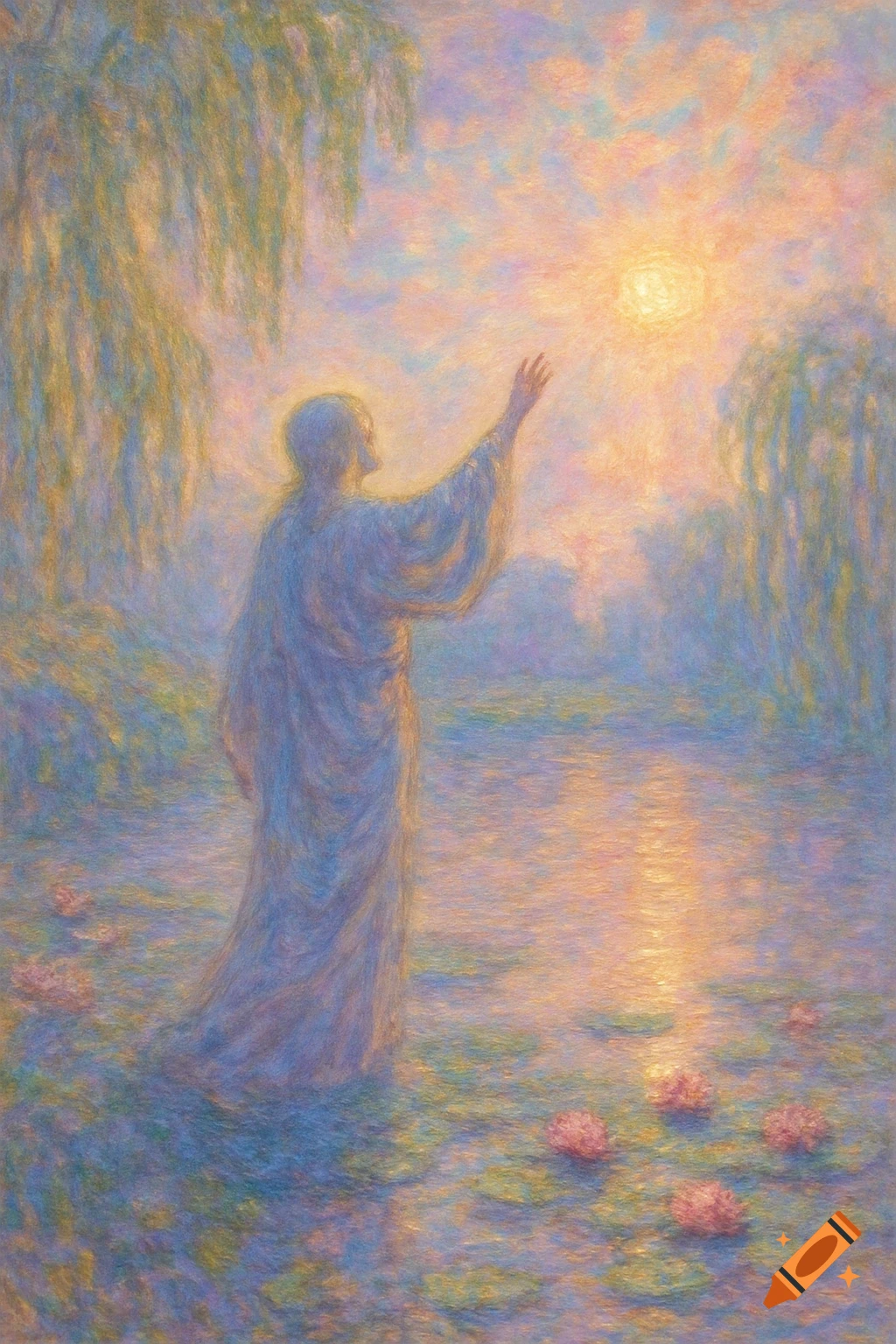 A robed figure stands in a water garden, reaching towards a glowing sun in a dreamy, pastel impressionistic painting.