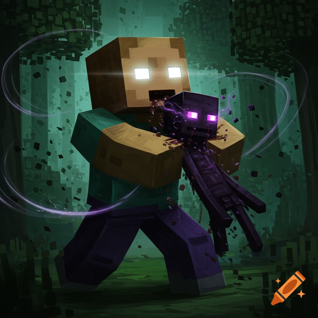 Stylized Minecraft art of Herobrine holding a small Enderman in a dark forest with floating cubes and purple energy.