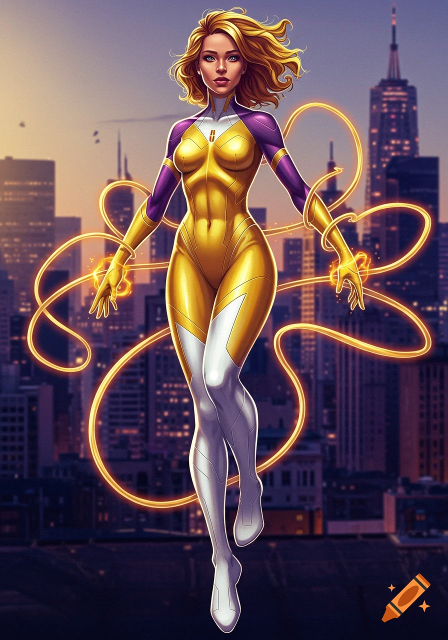 A female superhero in a gold, purple, and white suit floats above a city with glowing energy tendrils.