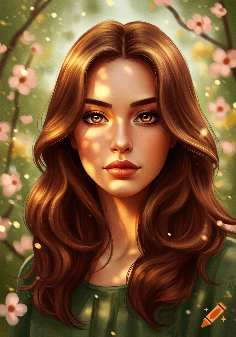 Digital art portrait of a woman with long wavy brown hair and amber eyes, illuminated by dappled sunlight, surrounded by soft pink flowers and glowing particles.