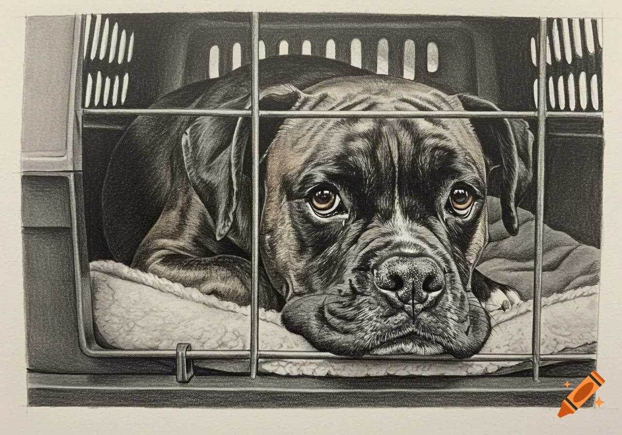 A highly detailed sketch of a forlorn boxer dog resting on a blanket inside a pet crate.