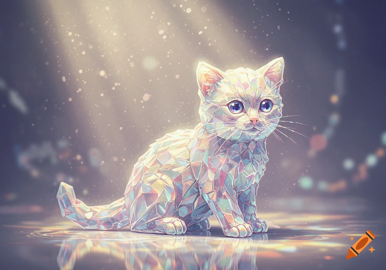 A glittering crystal kitten with blue eyes sits reflecting light in a dreamy, soft-lit setting.