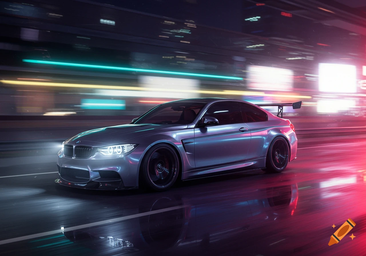 A silver BMW sports car on a wet city street at night with colorful motion-blurred neon lights reflecting on the sleek body and road.