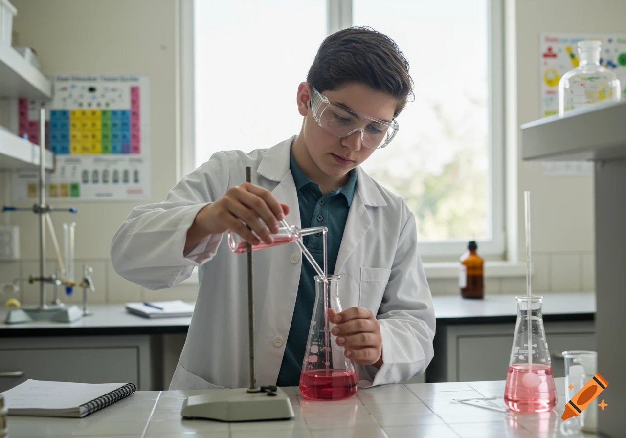 A teenage student in a lab coat and safety goggles performs a titration with pink liquid in a chemistry lab.