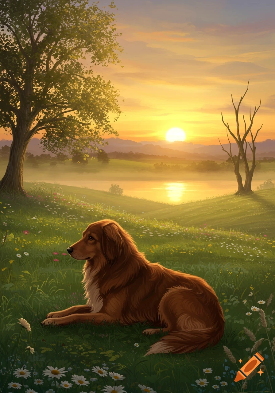 A brown dog lies in a field of wildflowers by a lake at sunset, with trees and hills in the background. Illustrative style.