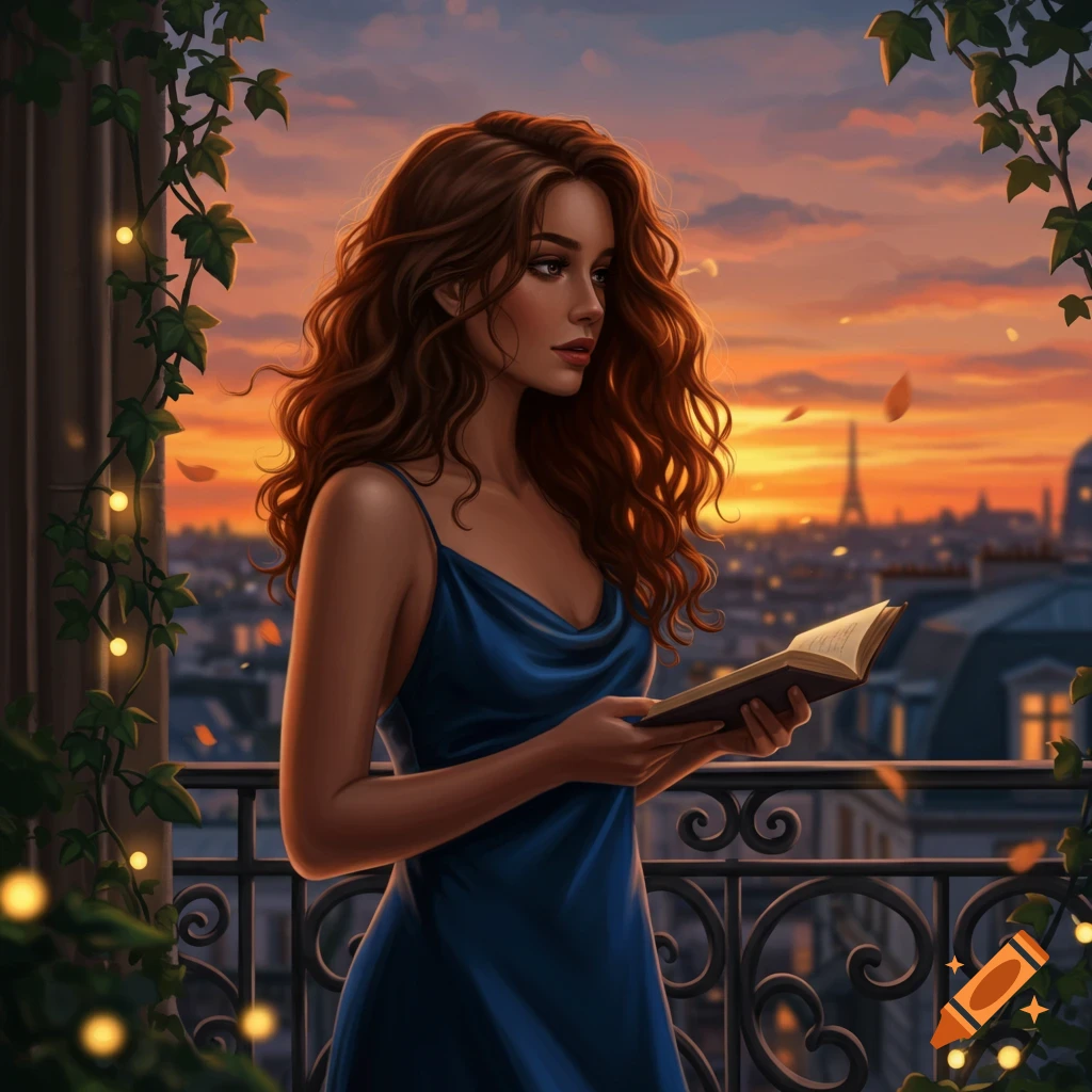 A beautiful woman with long brown hair in a blue dress reads a book on a balcony overlooking a Paris cityscape at sunset. Digital art.