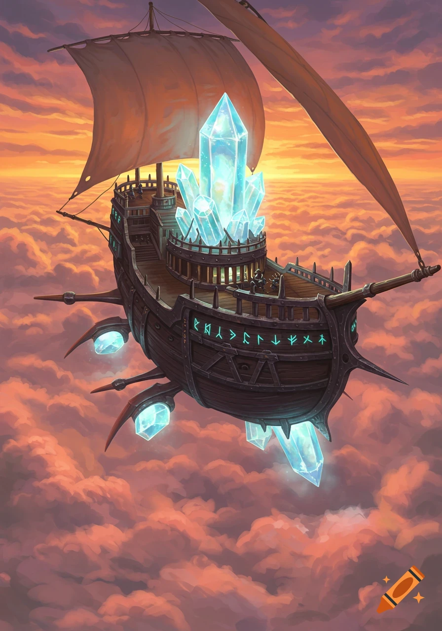 A Dungeons and Dragons-inspired flying prison ship with glowing blue crystal propulsion, sails, and runic symbols on its hull, soars above a vibrant orange and pink sea of clouds at sunset.