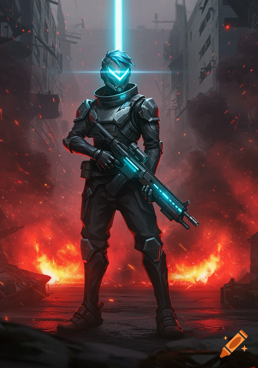 A futuristic soldier in dark armor and a glowing helmet stands in a destroyed city street amidst fire and smoke, holding a rifle with blue lights.