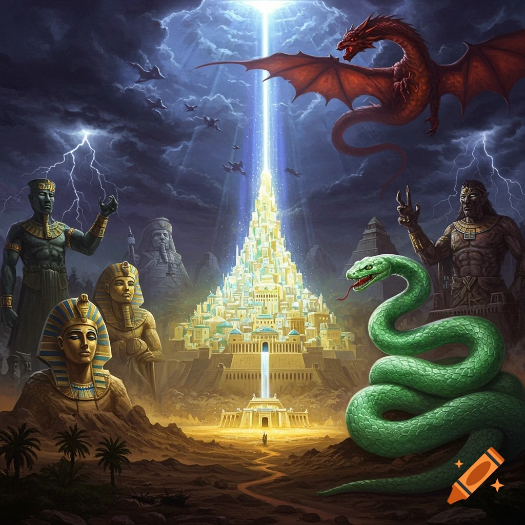 A vibrant, glowing city under a bright beam of light, surrounded by a red dragon, a green serpent, and figures resembling ancient Egyptian gods in a stormy landscape.