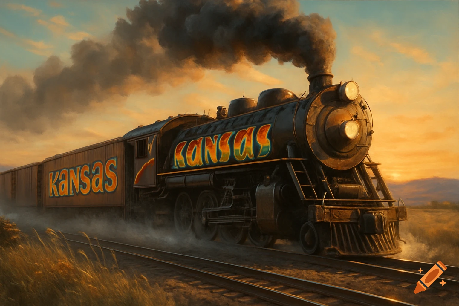 A steam freight train with 'Kansas' on its side moves through a field at sunset, painted in a classic style.