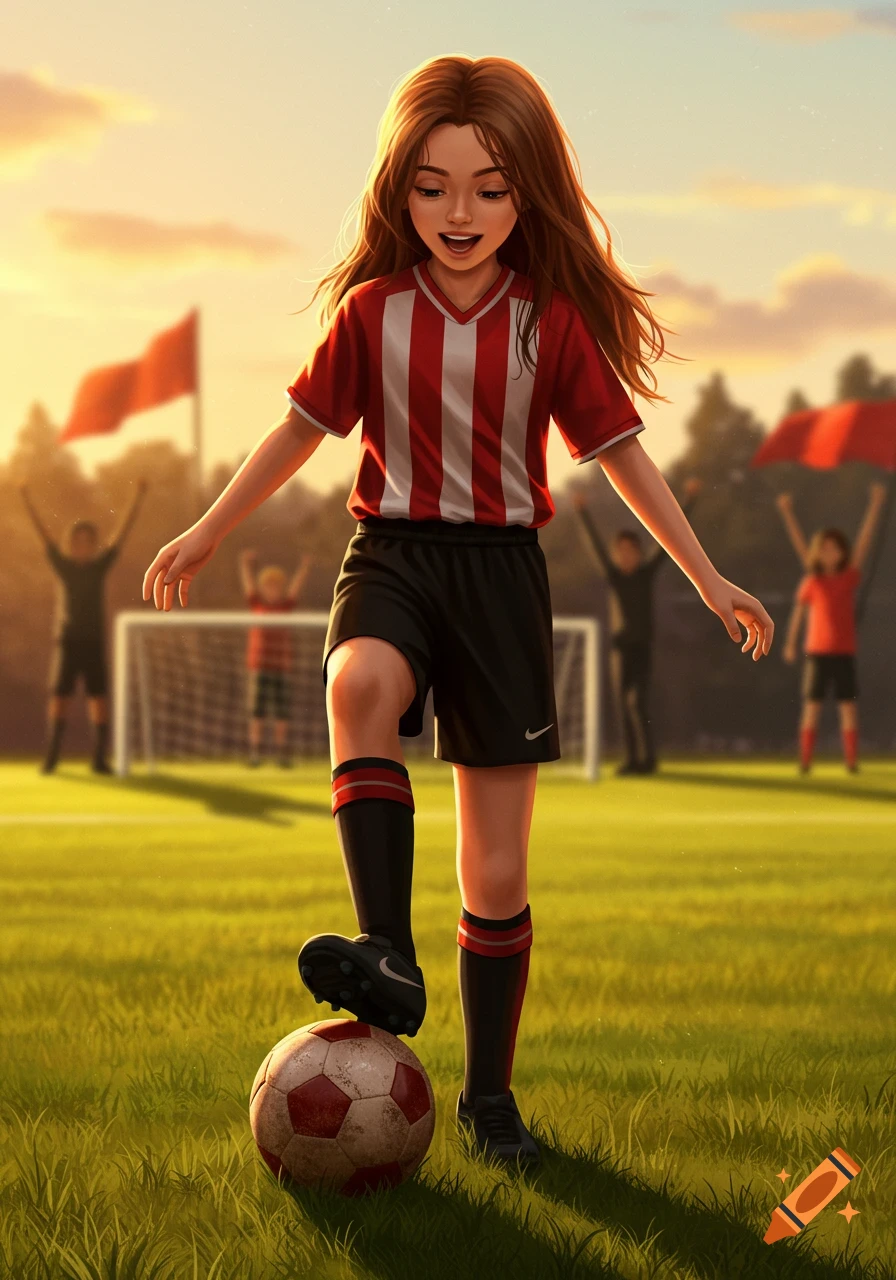 An illustration of a young girl in a red and white soccer uniform with her foot on a soccer ball on a field at sunset.