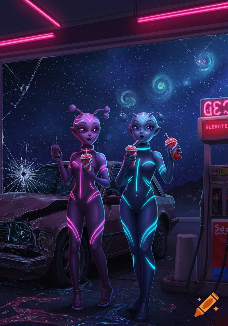 Two anime alien girls in glowing bodysuits hold Slurpees at a neon-lit gas station with a crashed car, under a starry outer space sky.