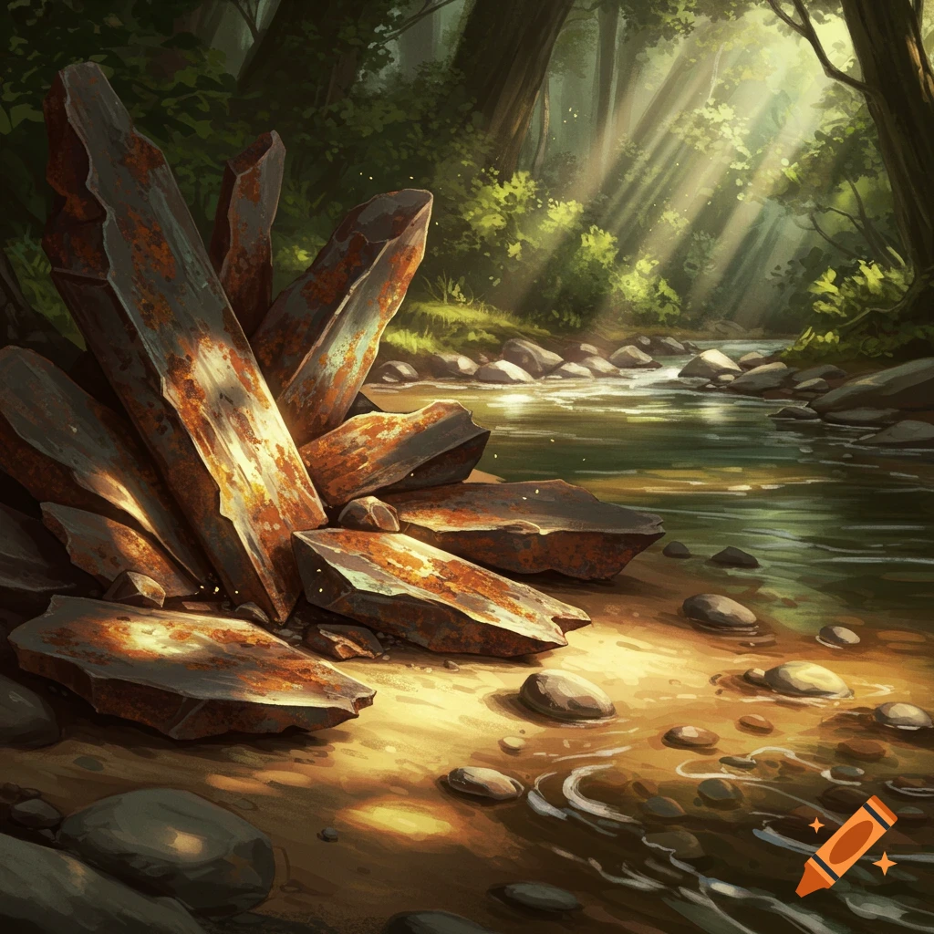 Fantasy art of a forest river with sun rays shining through trees, next to large rusted ore shards on a sandy bank.