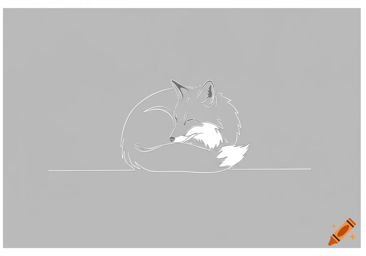A minimalist white line art drawing of a fox curled up, sleeping on a grey background.