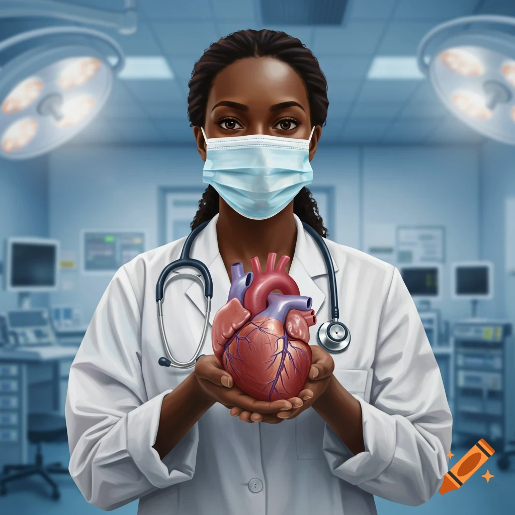 A Black female doctor in a surgical mask and lab coat holds a human heart, with an operating room in the background.