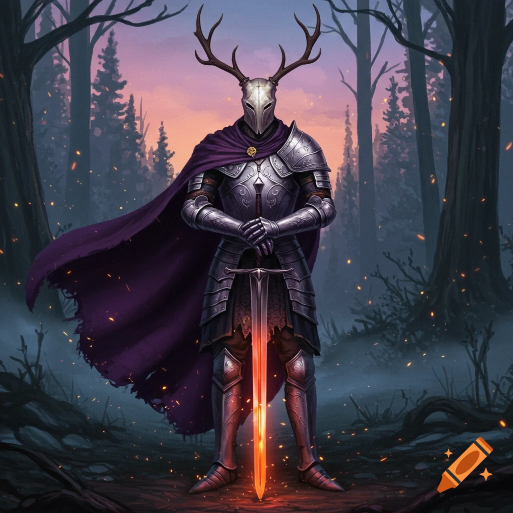 A fantasy illustration of an antlered knight in shining armor and a purple cape, standing in a forest at dusk, holding a glowing sword.