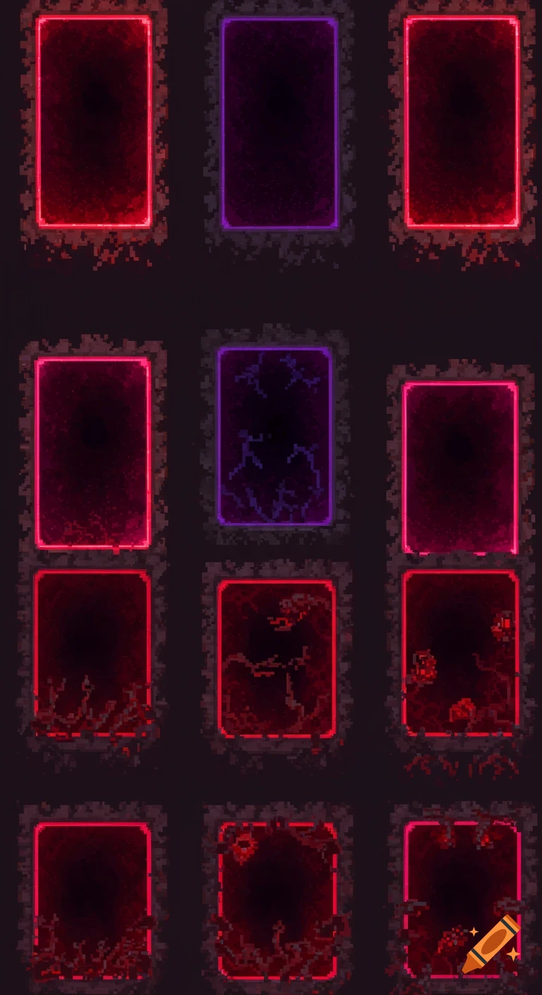 Pixel art sprite sheet showing seven frames of dark, glowing red and purple portal rifts with tendrils.