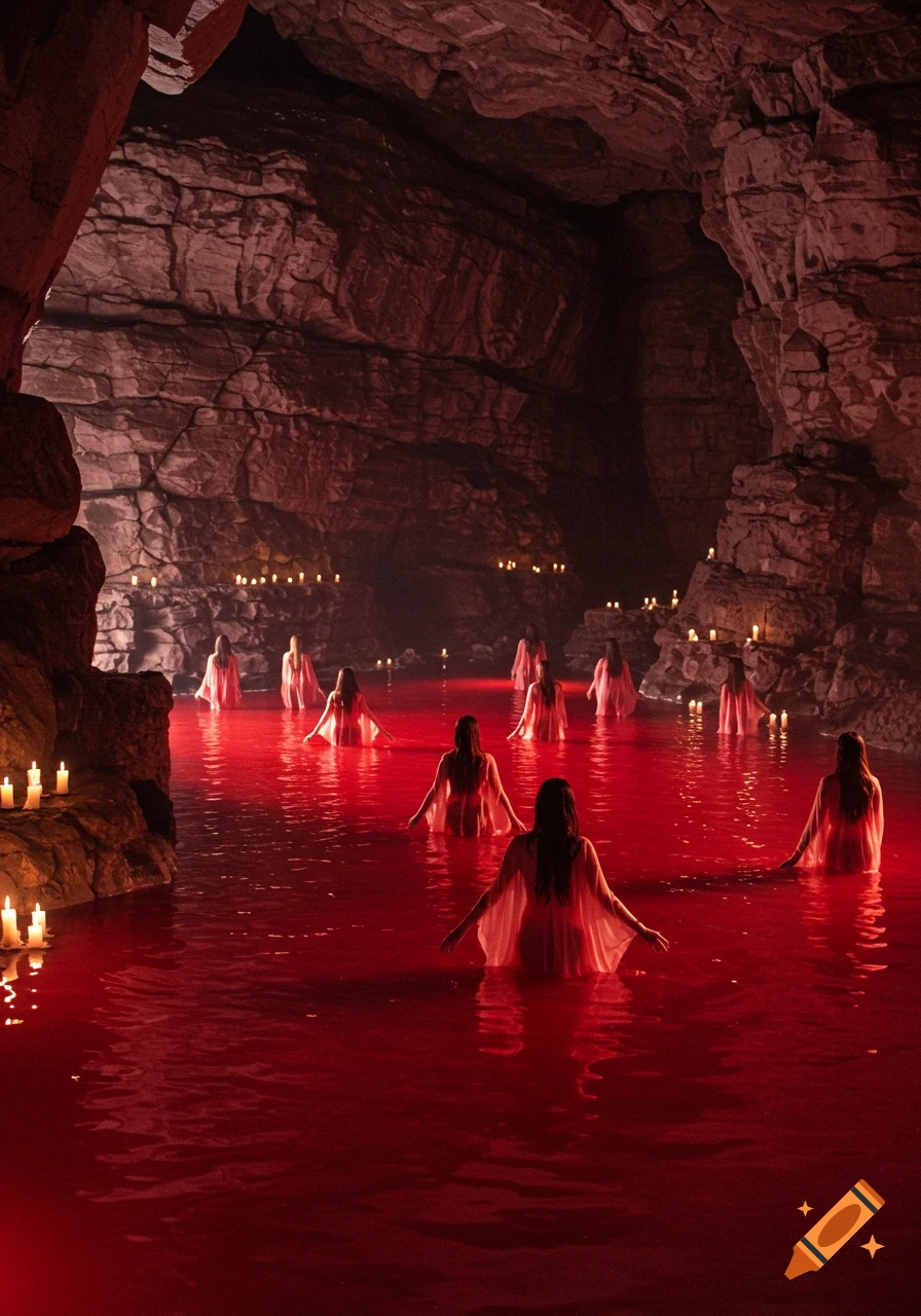 A dark, candlelit limestone cavern with multiple women in light robes standing in pools of red water.