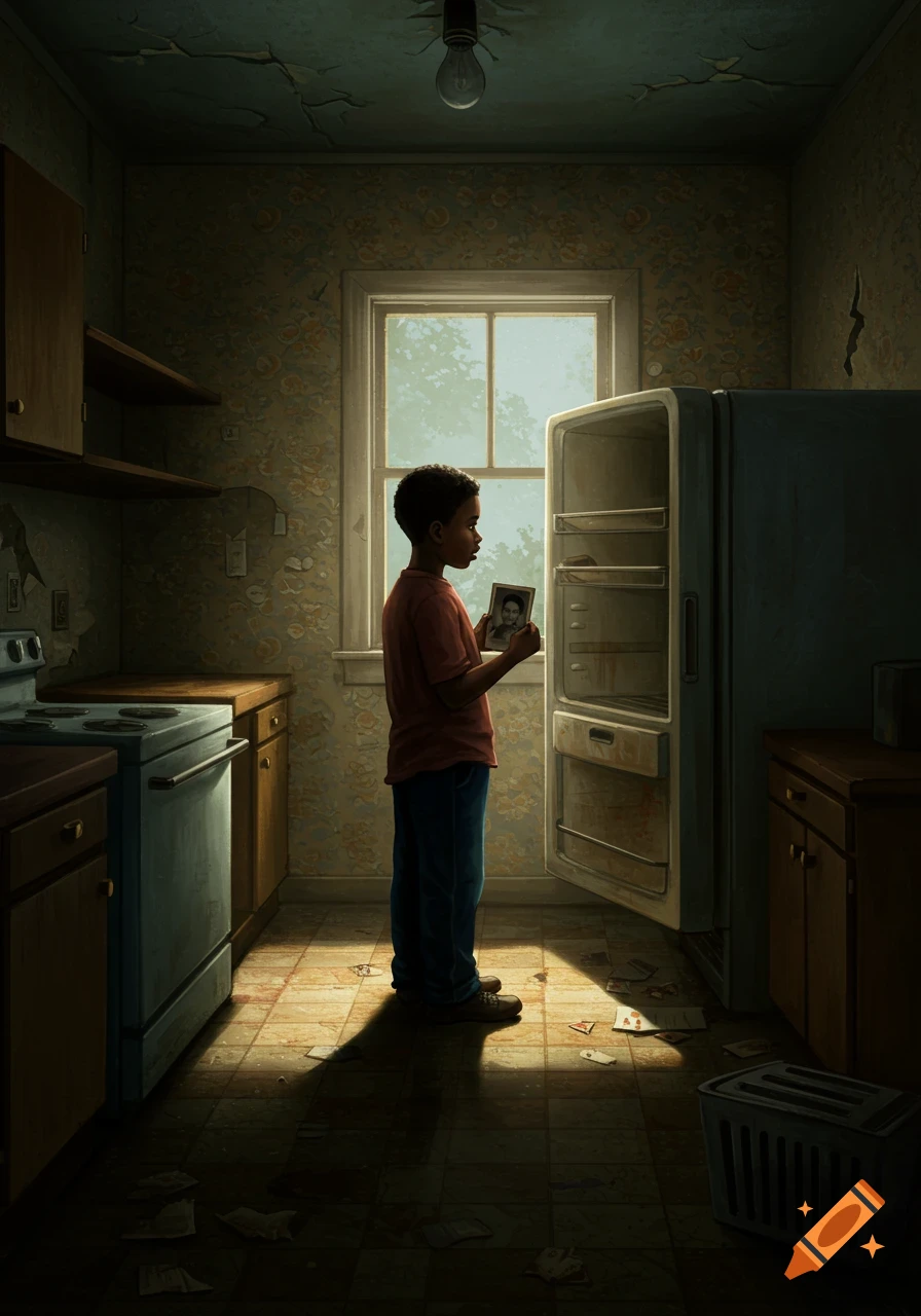 A young Black boy stands in a dilapidated kitchen, holding a photo while looking into an empty refrigerator, light streaming from a window.
