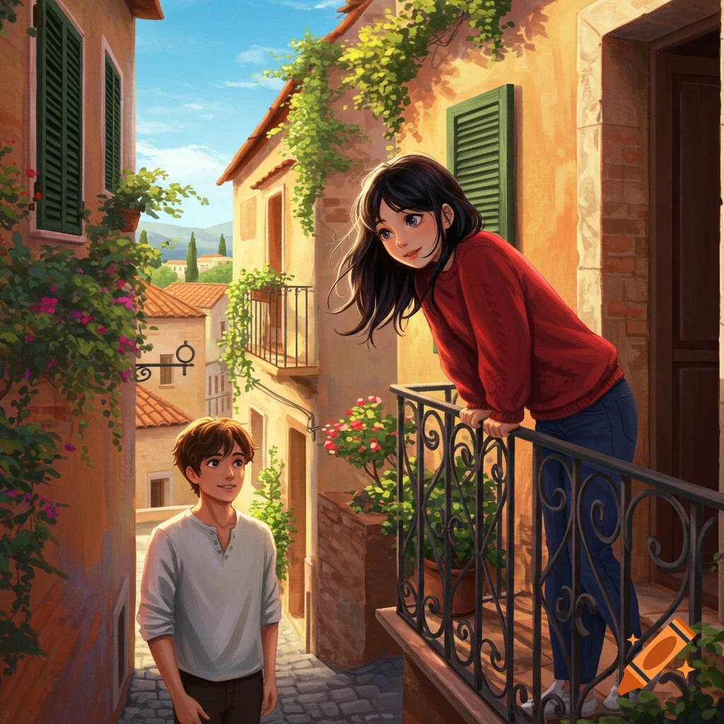 An anime illustration of a girl on a balcony in a red sweater looking down at a boy in a quaint European street.