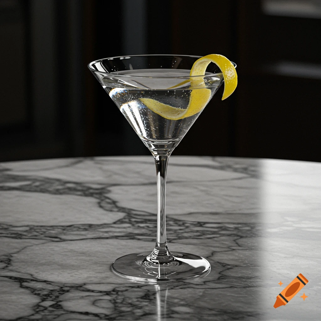 A close-up, photorealistic shot of a clear martini glass with a lemon twist on a marble table.