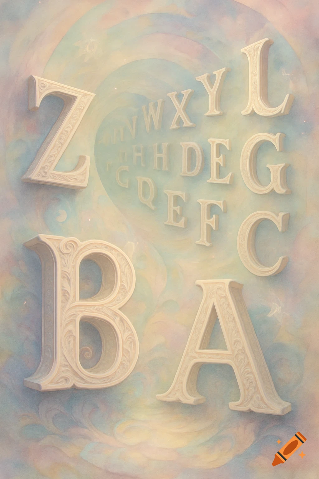 Decorative, ornate letters of the alphabet float in a spiral pattern against a soft, pastel-colored background. Prominent letters include Z, B, and A.