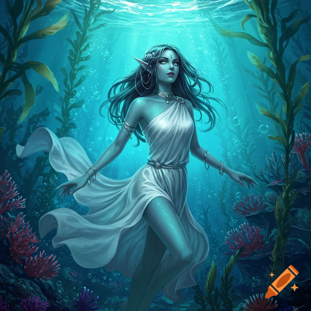 A beautiful sea elf cleric with long blue hair and pointy ears, wearing a flowing white one-shoulder dress, floats gracefully in a vibrant underwater kelp forest.
