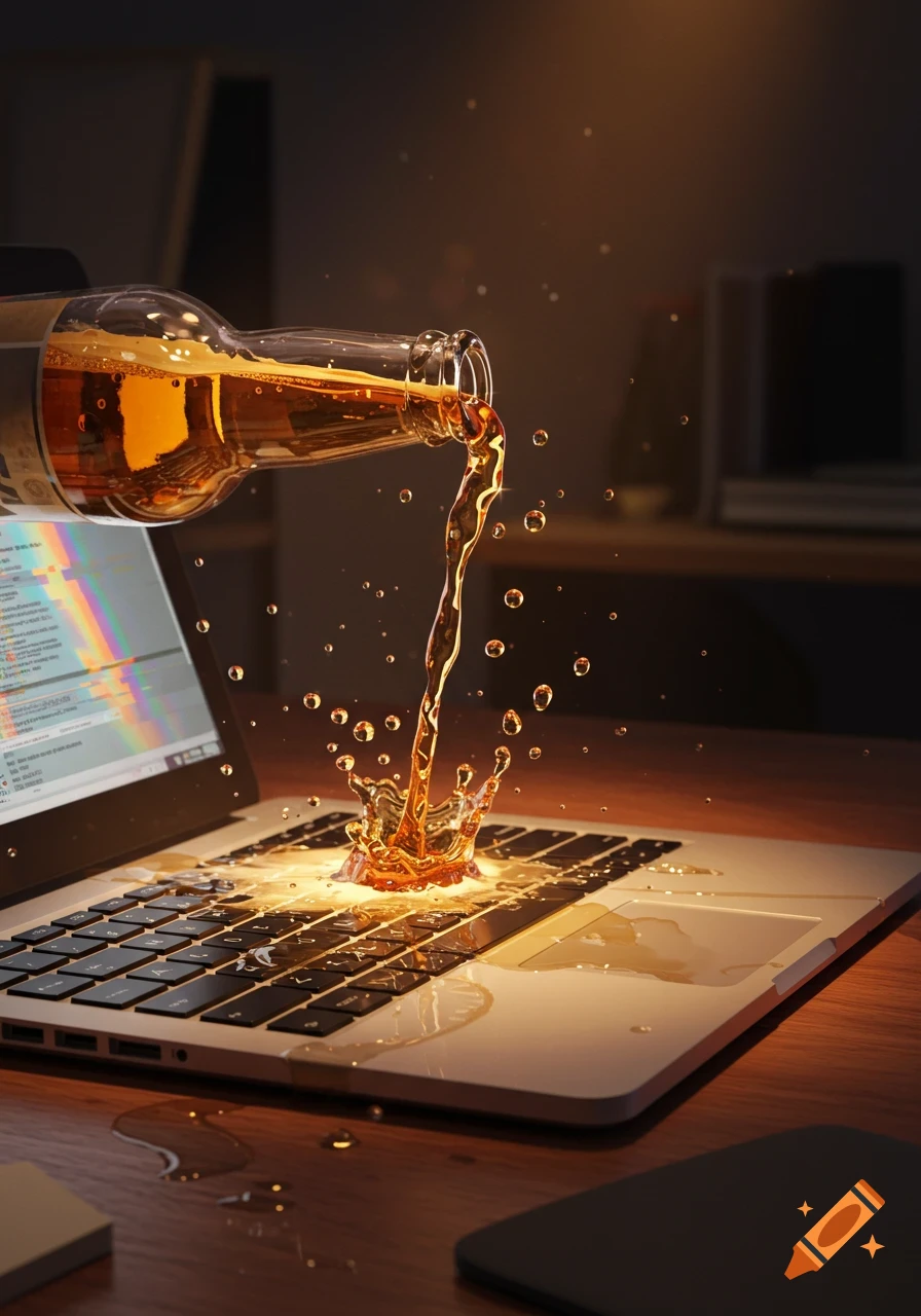 A bottle of amber liquid pours onto a laptop keyboard, creating a splash and puddles, on a wooden desk.