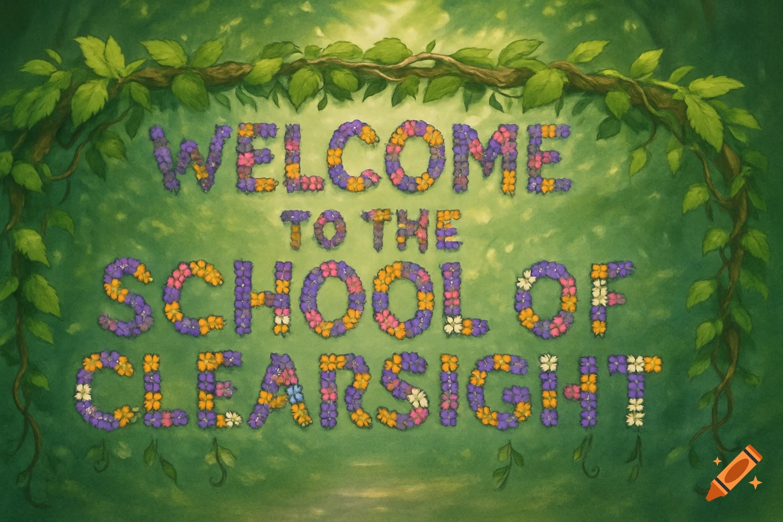 A whimsical banner with the words 'WELCOME TO THE SCHOOL OF CLEARSIGHT' spelled out in colorful flowers, set against a green, leafy background.