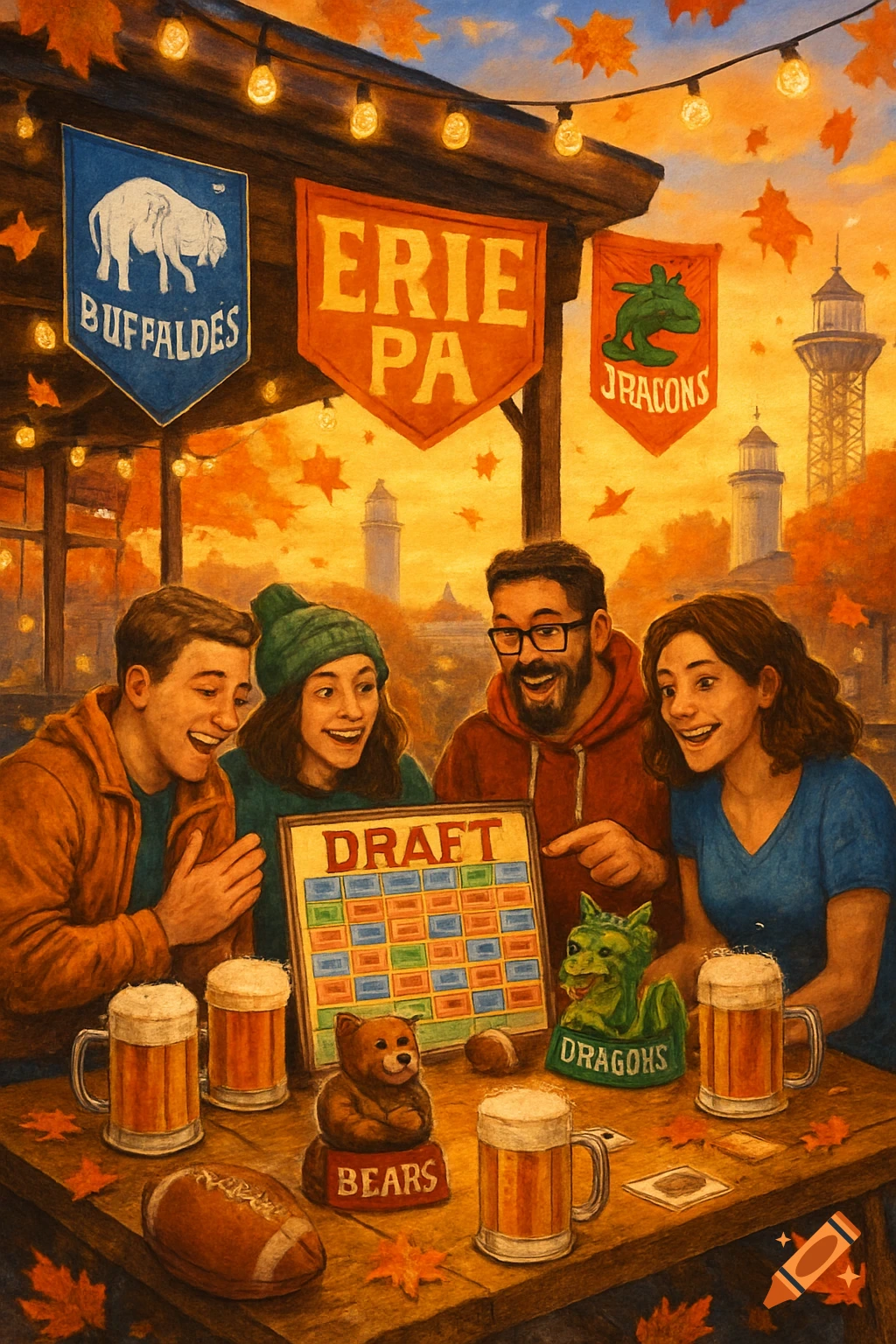 Four friends play fantasy football at an outdoor table in autumn, with beer mugs and falling leaves.