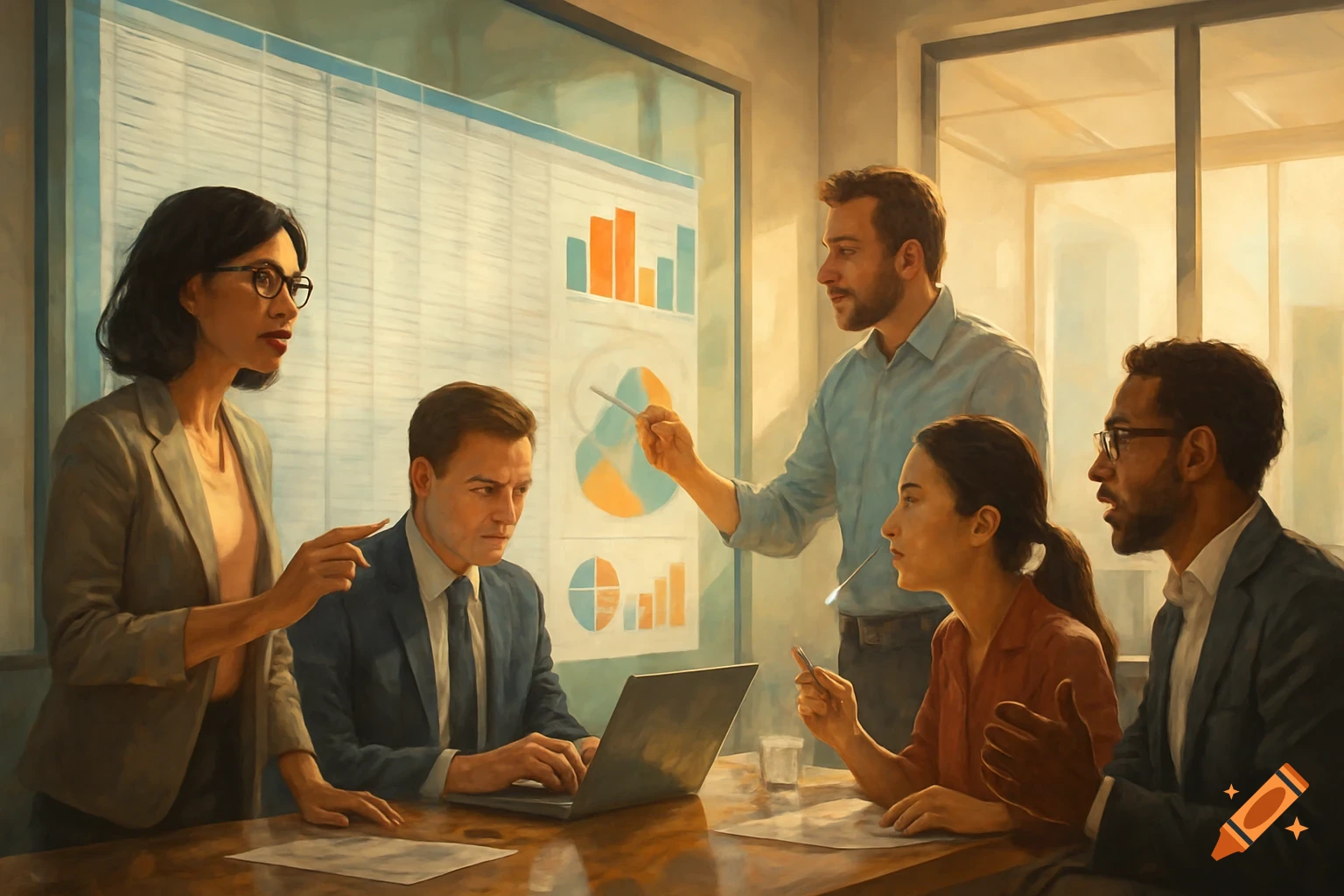 Diverse office workers collaborate in a meeting room with a data board, in a painting style.