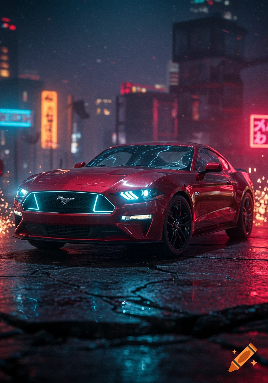 A race red Ford Mustang with glowing blue lights on a wet street at night, with neon-lit city buildings in the background, in a cyberpunk style.