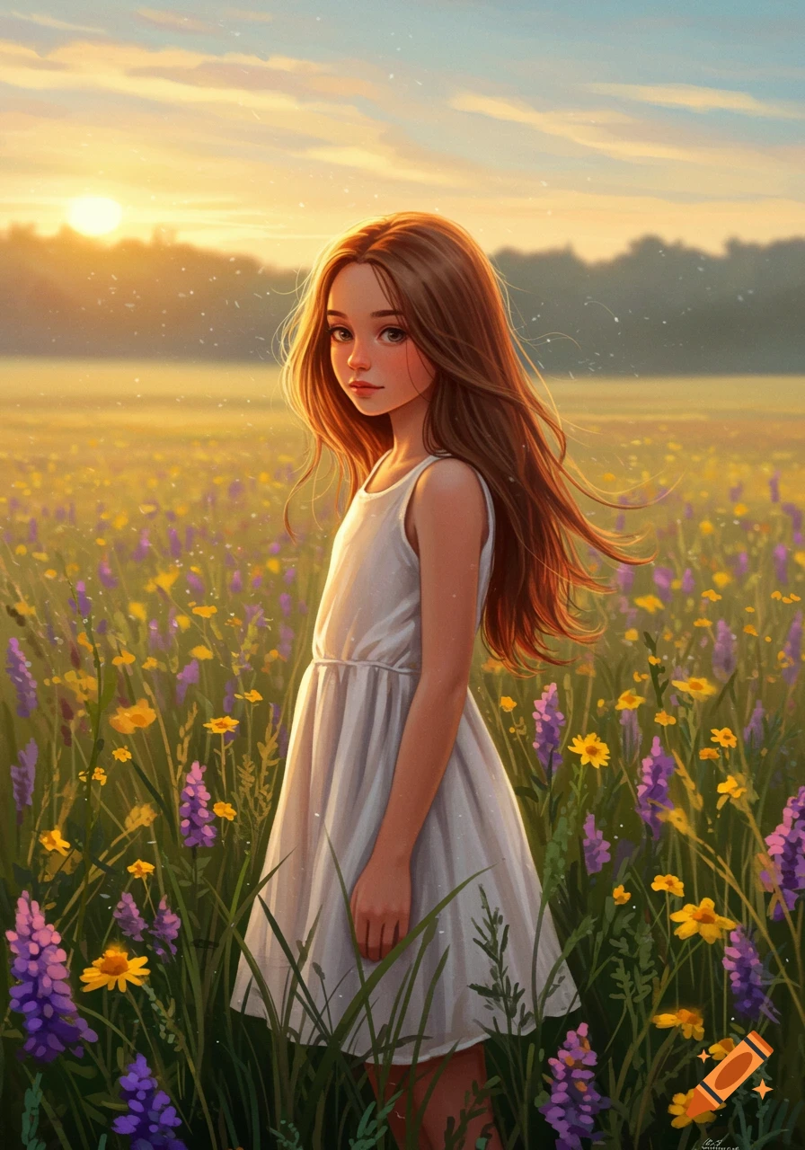 A stylized digital painting of a young girl with long brown hair in a white dress standing in a vibrant field of yellow and purple wildflowers at sunset.