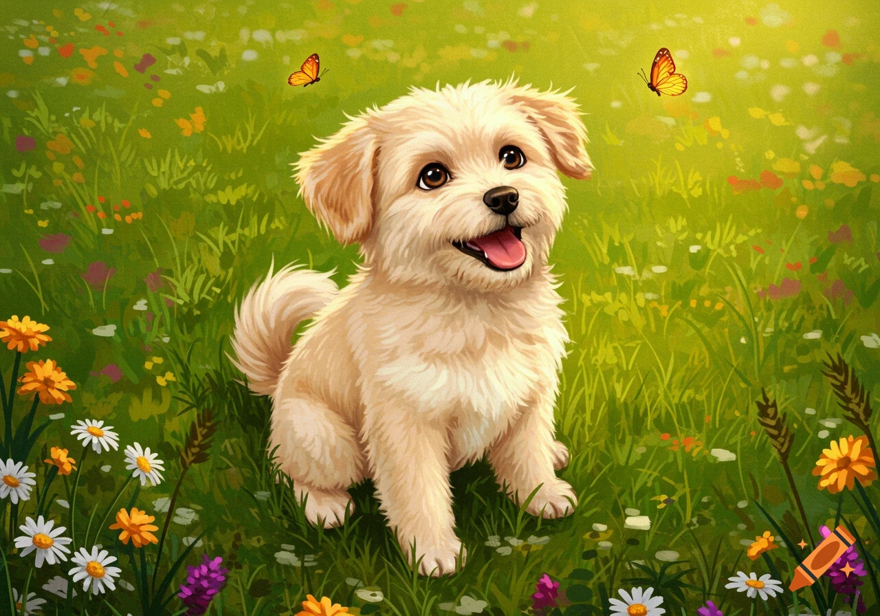 A cute fluffy golden puppy sits happily in a field of green grass and colorful wildflowers with two butterflies flying above.