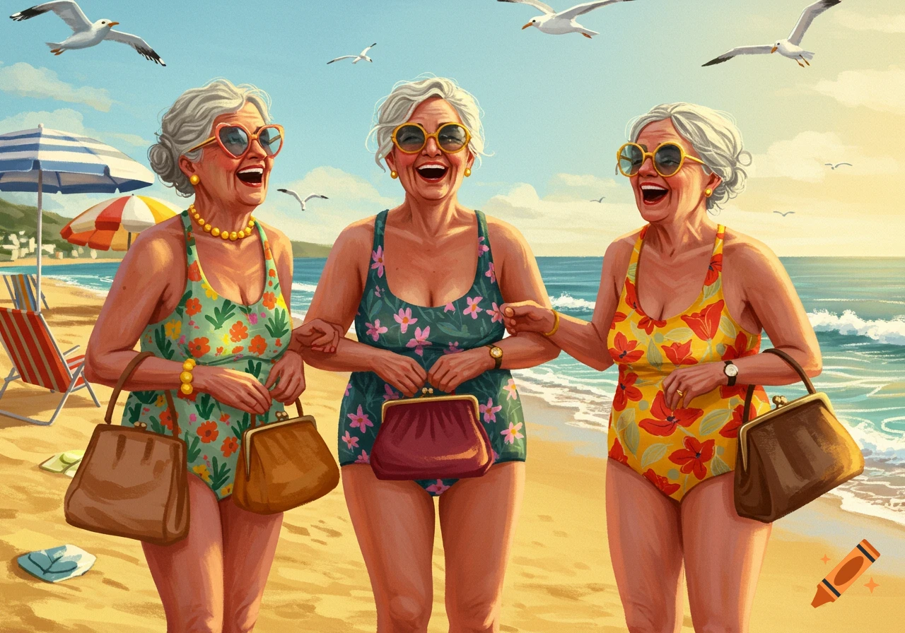 Three laughing elderly women in swimsuits walk on a sunny beach with seagulls flying, rendered in a painterly style.