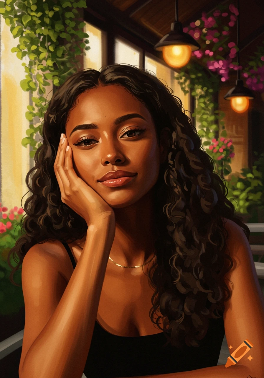 A beautiful woman with long dark curly hair poses in an outdoor cafe, resting her chin on her hand.