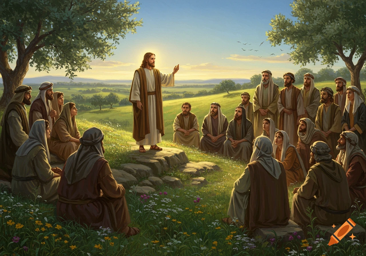 Jesus stands on a rocky outcrop, speaking to a large group of men and women gathered on a grassy hillside under a clear sky.