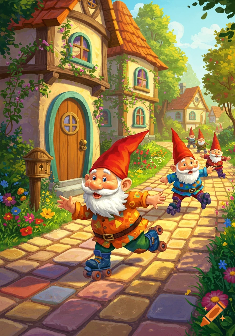 Vibrant illustration of cheerful gnomes roller skating down a stone path in a whimsical village with colorful houses and flowers.