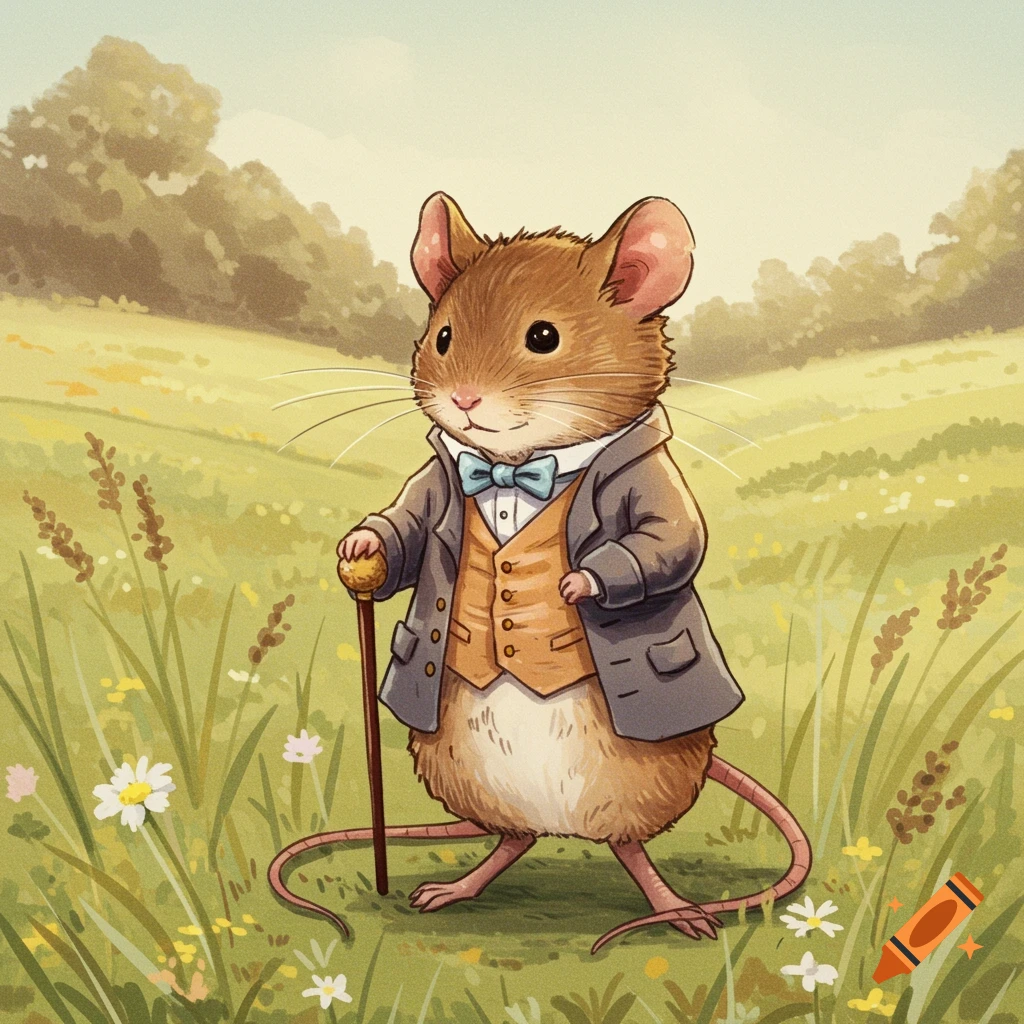 A Beatrix Potter-style illustration of a field mouse gentleman in a suit holding a cane, standing in a grassy meadow.