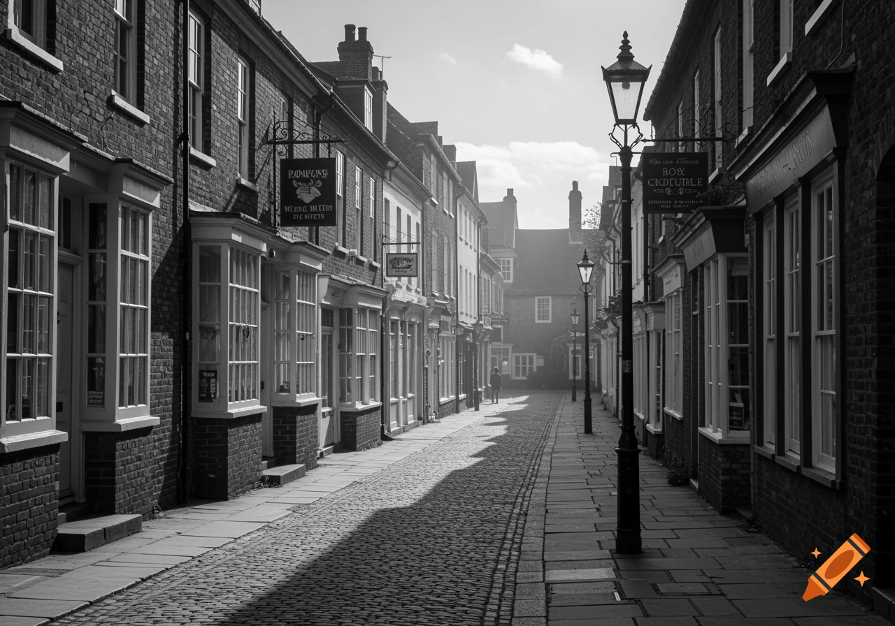 Black and white photo of a narrow, cobbled street lined with traditional brick buildings and shop fronts under bright sunlight.