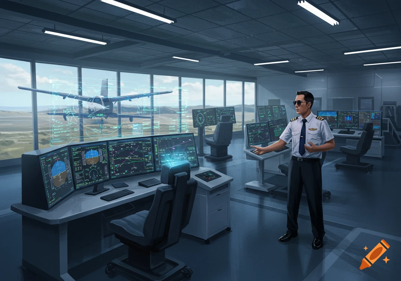 A pilot or instructor stands in a modern aviation training center, gesturing towards holographic flight data and multiple computer screens displaying charts, with a small plane visible outside large windows.