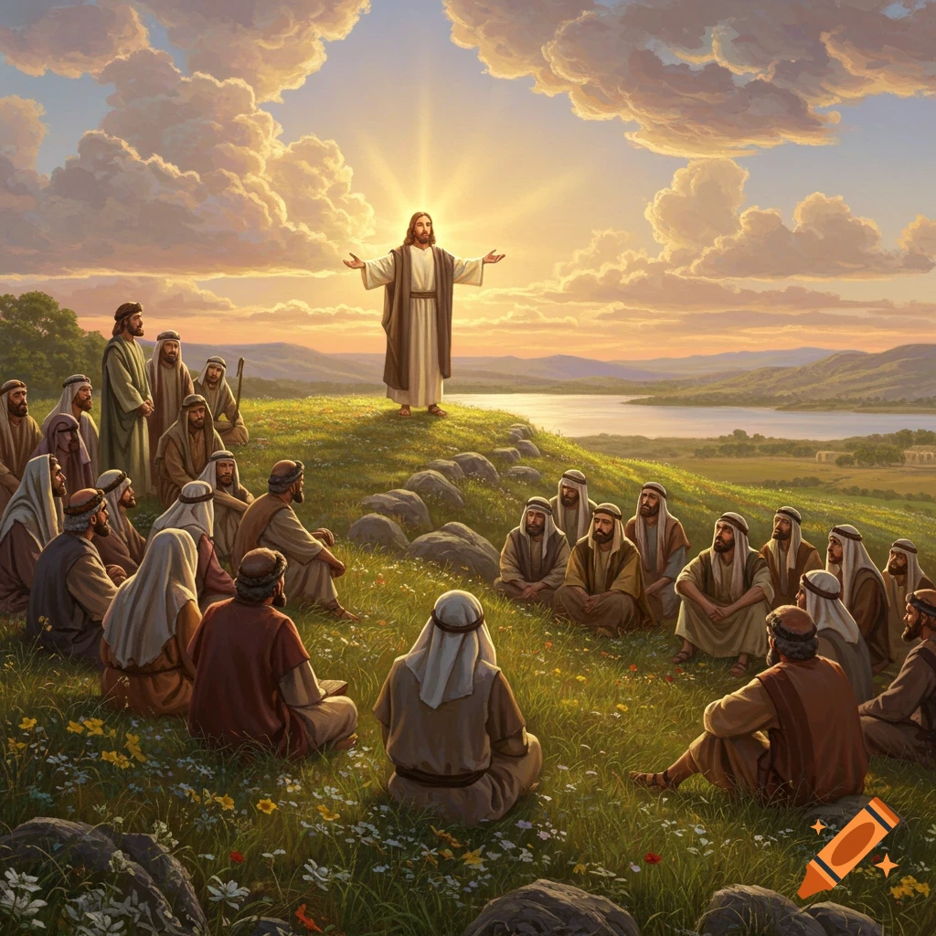 Jesus preaches to a crowd on a grassy hill at sunset, with a lake and mountains in the background, in a classical painting style.