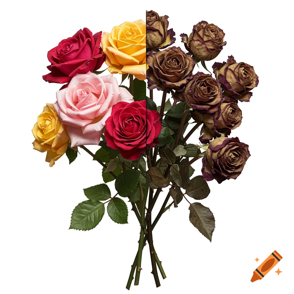 A bouquet of roses split vertically, with fresh, colorful roses on the left and dried, decaying brown roses on the right, against a white background.