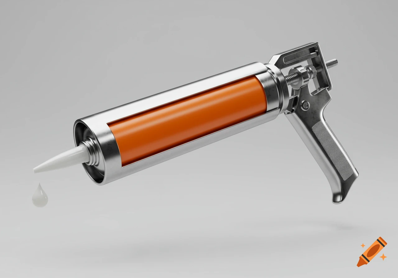 A photorealistic caulking gun with an orange tube and white tip, with a drop of white caulk dripping from it against a plain background.