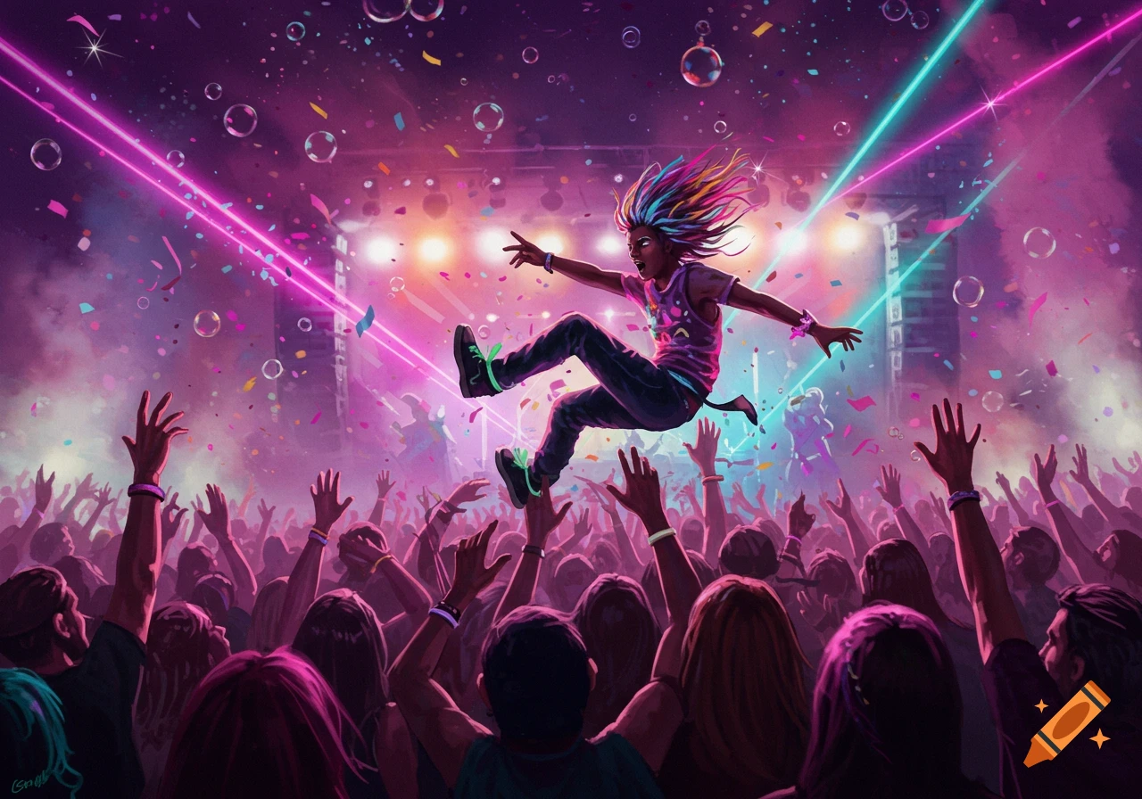 A vibrant digital painting of a person with colorful dreadlocks crowd-surfing at a lively concert under neon lights and confetti.