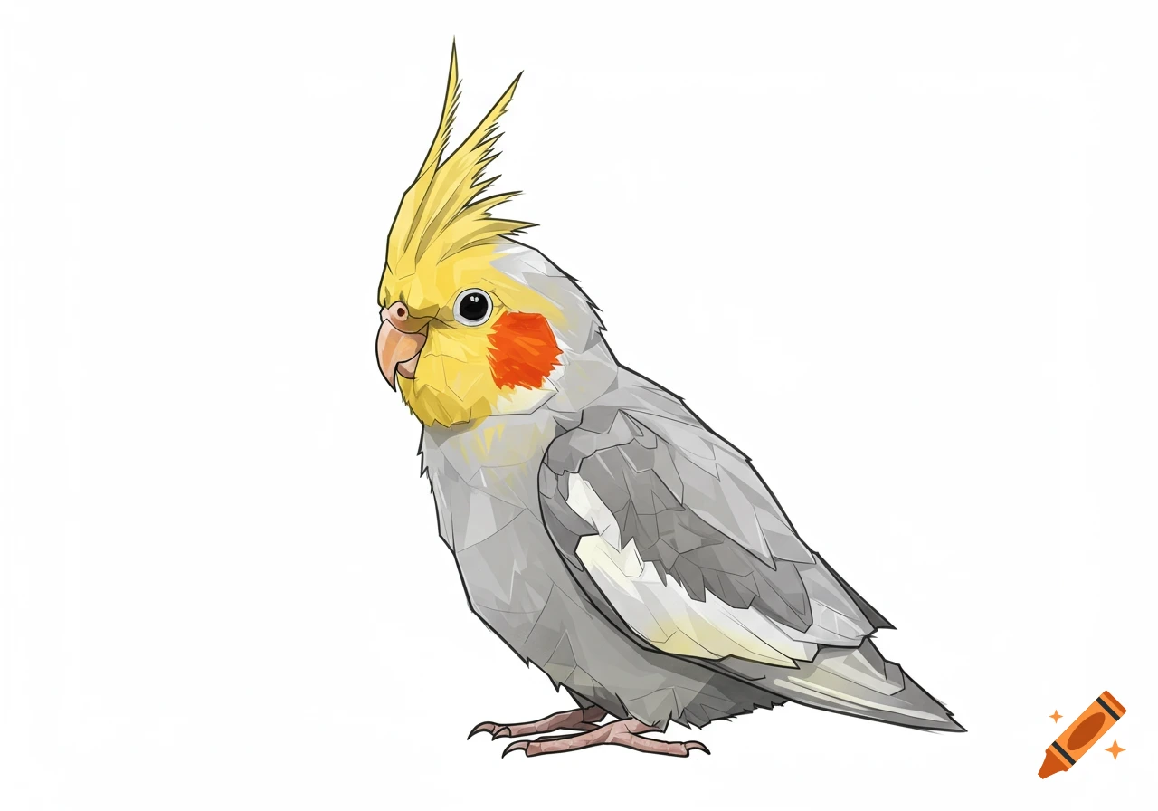 Stylized geometric illustration of a gray and yellow cockatiel with orange cheeks on a white background.
