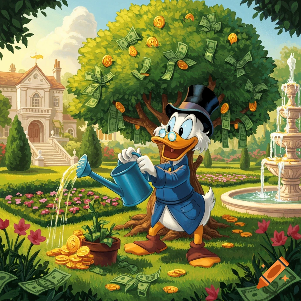 Scrooge McDuck watering a large money tree filled with dollar bills and coins in a lush, wealthy garden with a mansion and fountain, in a cartoon style.