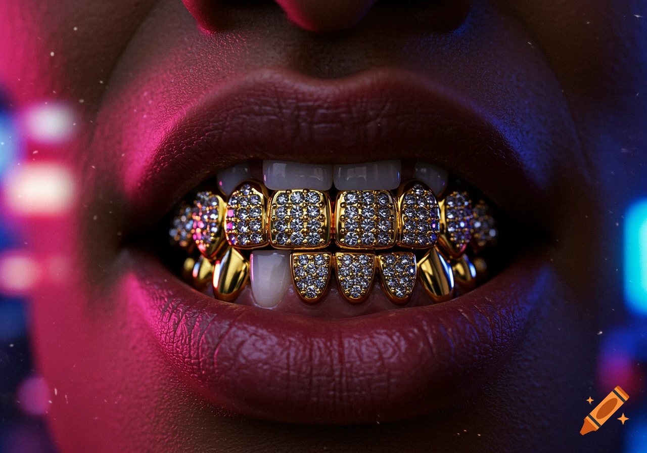 Close-up of a person's mouth with shiny gold and diamond grillz, lit by vibrant pink and blue neon lights.