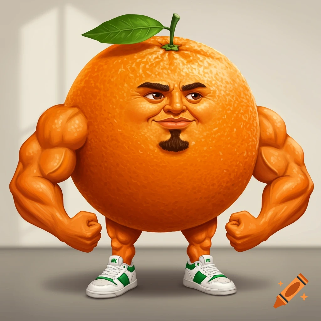 A muscular orange with a gigachad face wearing white and green sneakers.